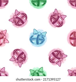 Seamless pattern purple, blue, green  macarons with bow. Vector illustration. French pastry macaron. Sweet desert background. Wrapping paper, wallpaper, fabric textile print, t shirt design