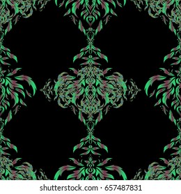 Seamless pattern with purple, blue and green elements for design in retro style. Universal vector pattern for printing, textile, fabric, wrapping paper, package. Vintage pattern on black background.