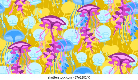 Seamless pattern with purple and blue jellyfish on a yellow background. Hand drawn cartoon style vector illustration.