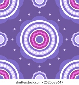 Seamless pattern. Purple and blue round symmetrical ethnic mandala on dark blue background. Oriental pattern. Indian or Arabic mandala. Diwali festival. Fabric, wrapping paper.
