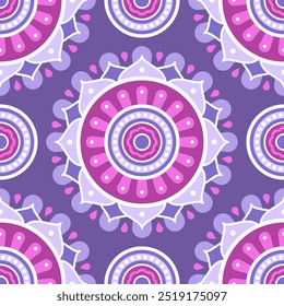 Seamless pattern. Purple and blue symmetrical ethnic mandala on dark blue background. Oriental pattern. Indian or Arabic mandala. Diwali festival. Fabric, wrapping paper.
