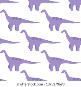 Seamless pattern with purple Brontosaurus, a happy dinosaur with a smile. Isolated. Illustration for children. Drawn by hands. It can be used for design of fabrics, wrapping paper, phone cases.