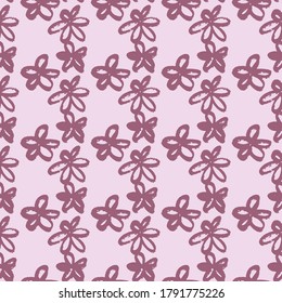 Seamless pattern with purple brushed daisy flowers. Pastel light pink background. Grunge simple backdrop. Perfect for wallpaper, wrapping paper, textile print, fabric. Vector illustration.