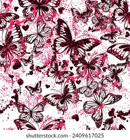 Seamless pattern purple butterflies. hand drawing. Not AI, Vector illustration