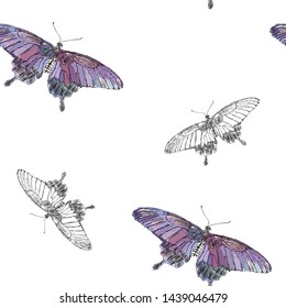 Seamless pattern with purple butterflies on white background