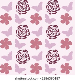 Nahtloses Muster eines violetten Schmetterfliegens mit brauner Blume, Grafikdesign, Vektorgrafik