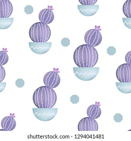Seamless Pattern with Purple Cactus in  Pot isolated on white background. Tropical Succulent and Flowering Plant. Mexican Style. Vector illustration for Your Design, Wrapping Paper, Wallpaper.