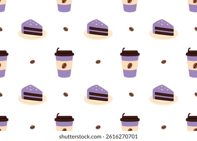 Seamless pattern with purple cakes, coffee cups and beans on white background