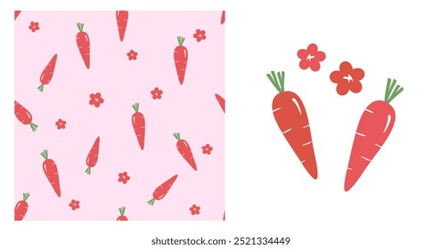 Seamless pattern with purple carrot and carrots cut into flower shapes on pink background vector. Purple carrot icons.