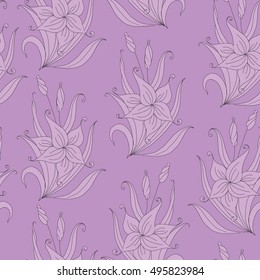 Seamless pattern purple with  cartoon hand painted lilies on a  background