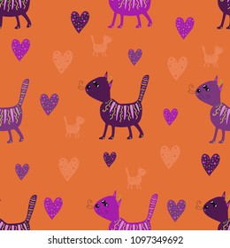 Seamless pattern of purple cats and hearts on an orange background
