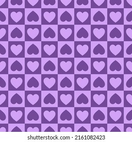 Seamless pattern with purple checkerboard and hearts