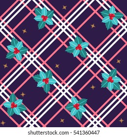 Seamless pattern purple checkered. Mistletoe. Celebratory background.  Christmas and New Year decoration. Vector backdrop.