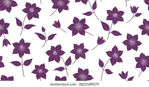 Seamless pattern of purple clematis flowers and leaves on a white background