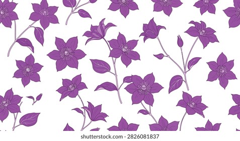 Seamless pattern of purple clematis flowers on a white background