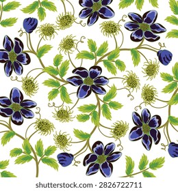 Seamless pattern of purple clematis flowers and lush green leaves with clematis