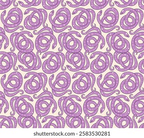 Seamless pattern of purple coiled snakes on pastel background. Perfect for fabric design, packaging, astrology, wrapping paper. Vector Illustration in flat style