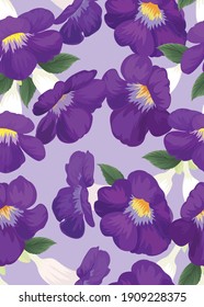 Seamless Pattern Of Purple Color Flower Background Template On Violet Background. Vector Set Of Floral Element For Wedding Invitations, Greeting Card, Brochure, Banners And Fashion Design.