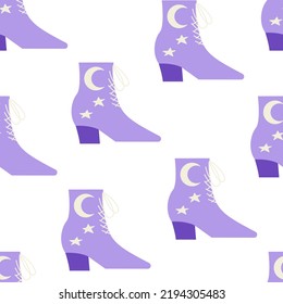 Seamless pattern with purple cowboy boots with moon and stars. Wild west, western, cowgirl disco party concept. Vector trendy background.