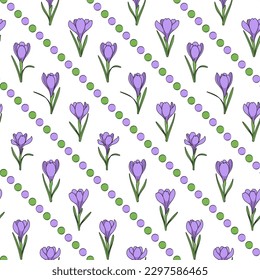 Seamless pattern with purple crocus flowers, saffron. Vector background.