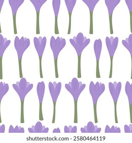 Seamless pattern with purple crocus flowers. Floral botanical vector flat background for textile design, scrapbooking, wrapping paper, etc.