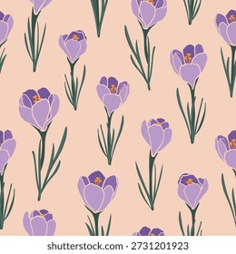 Padrão Perfeito Com Flores De Croco Roxo Em Um Estilo Moderno. Primatas de primavera abstratos em cores pastel. Vetor para cartões postais, folhetos, banners, papel e impressão têxtil