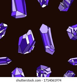 Seamless pattern. Purple crystals on a dark background, hand-drawing vector illustration. minerals