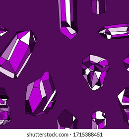 Nahtloses Muster. violette Kristalle auf dunklem Hintergrund, handgezeichnete Vektorillustration. Mineralien