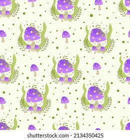 Patrón sin foco con ilustración de vector de hongos lindo púrpura