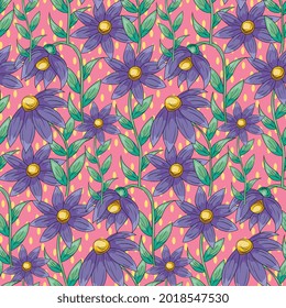 Seamless pattern with purple daisy flowers