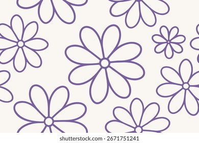 Seamless pattern purple daisy outlines a cream floral flower