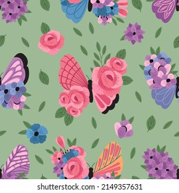 seamless pattern with purple decorative butterfly and flowers