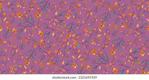 Seamless pattern purple deep pink flower Contemporary Liberty feminine botanical floral branch. Hand drawn wedding herb, minimalistic flowers with elegant leaves. Half drop repeat pattern.