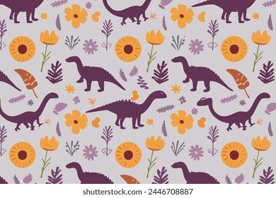 Patrón sin costuras con dinosaurios púrpura y hojas de flores en estilo boho Vector