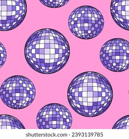 Seamless pattern with purple disco balls. Vector holiday background 