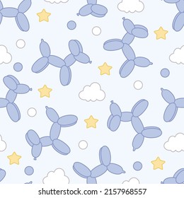 Seamless pattern of purple dog balloons, clouds, stars and dots on a light purple background in kawaii style.