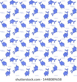 Seamless pattern with purple dolphins on a white background, textured. Cute sea paintings for fabric, children's clothing, background, textiles, wrapping paper and other decorations. Vector illustrati