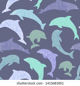 Seamless pattern purple dolphins, vector