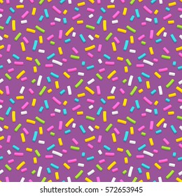 Seamless pattern of purple donut glaze with many decorative sprinkles.