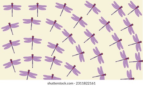 Seamless pattern of purple dragonflies on a yellow background.