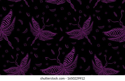 Seamless pattern: purple dragonfly in the style of calligraphy on a black background. Vector illustration, modern template design for textile, poster, flyer, wrapping paper, wallpaper, etc.