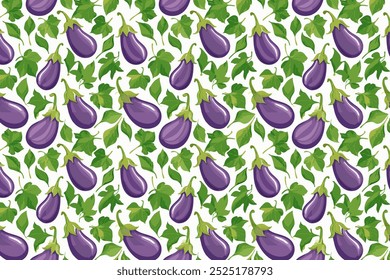 Seamless pattern with purple eggplants. Brinjal vegetables background vector illustration.