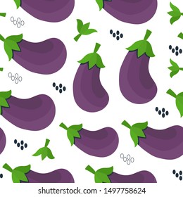 Seamless pattern -  purple eggplants with green tails on white background.  Nice veggies pattern with mellow violet aubergines and dark small seeds. Main ingredient for hatsilim.