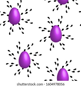 Seamless pattern with purple eggs and ornament on white background. Design for card, postcard, wallpaper, posters. Vector stock Happy Easter illustration.