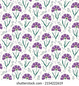 Flores en forma de abanico violeta, bayas y pequeñas flores de lila sobre un fondo crema.
