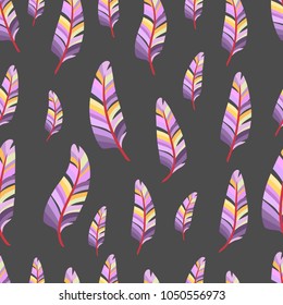 seamless pattern of purple feathers on a gray background