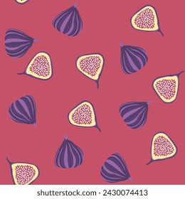 Seamless pattern of purple figs and sliced halves on a red background, vector illustration