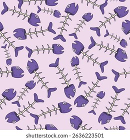 Seamless pattern with purple fish skeleton in flat style, on light purple background, suitable for print and wallpaper