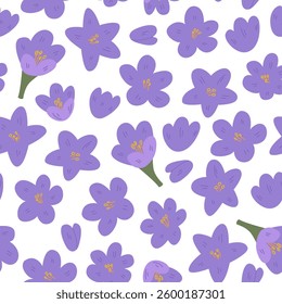 Seamless pattern with purple floral buds and petals. Botanical floral spring vector flat background with crocus flowers