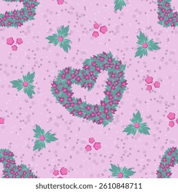 Seamless pattern with purple floral heart on pink background